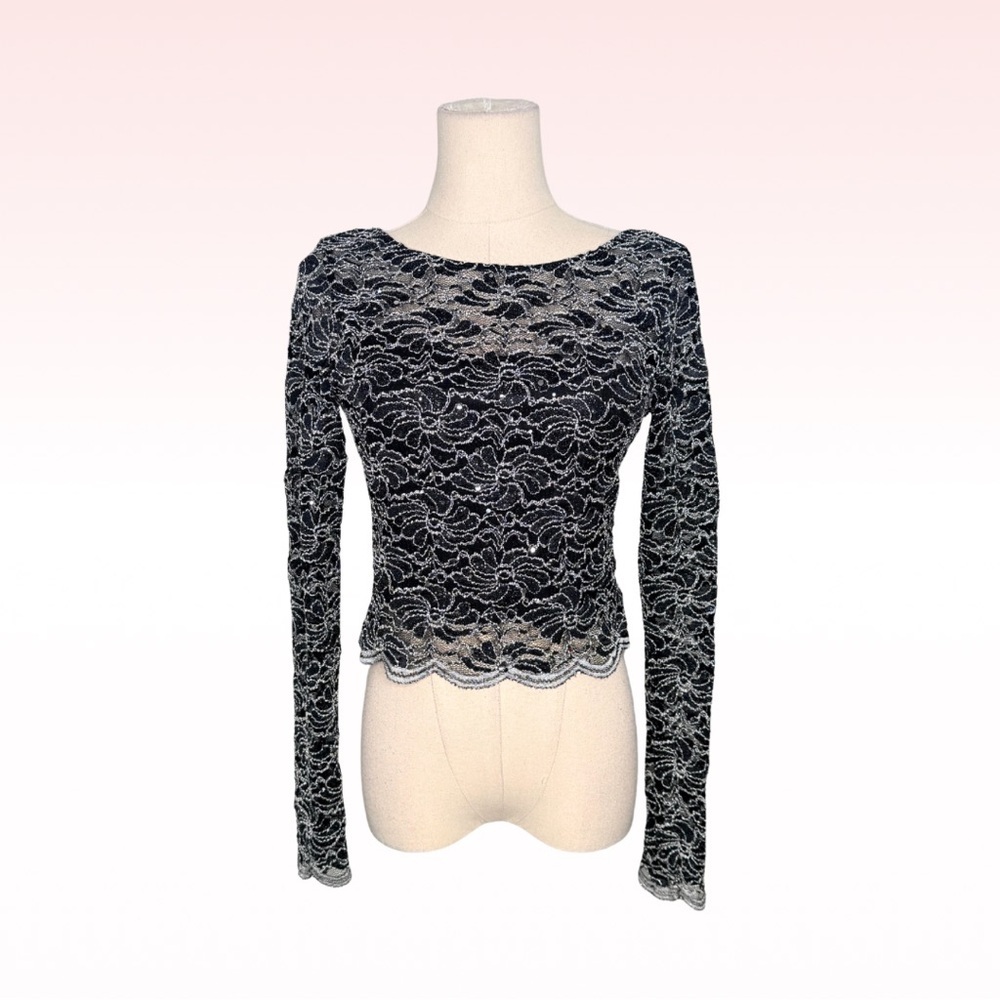 JUMP APPAREL 90s Silver Lace long sleeve top (Sz 9/10)